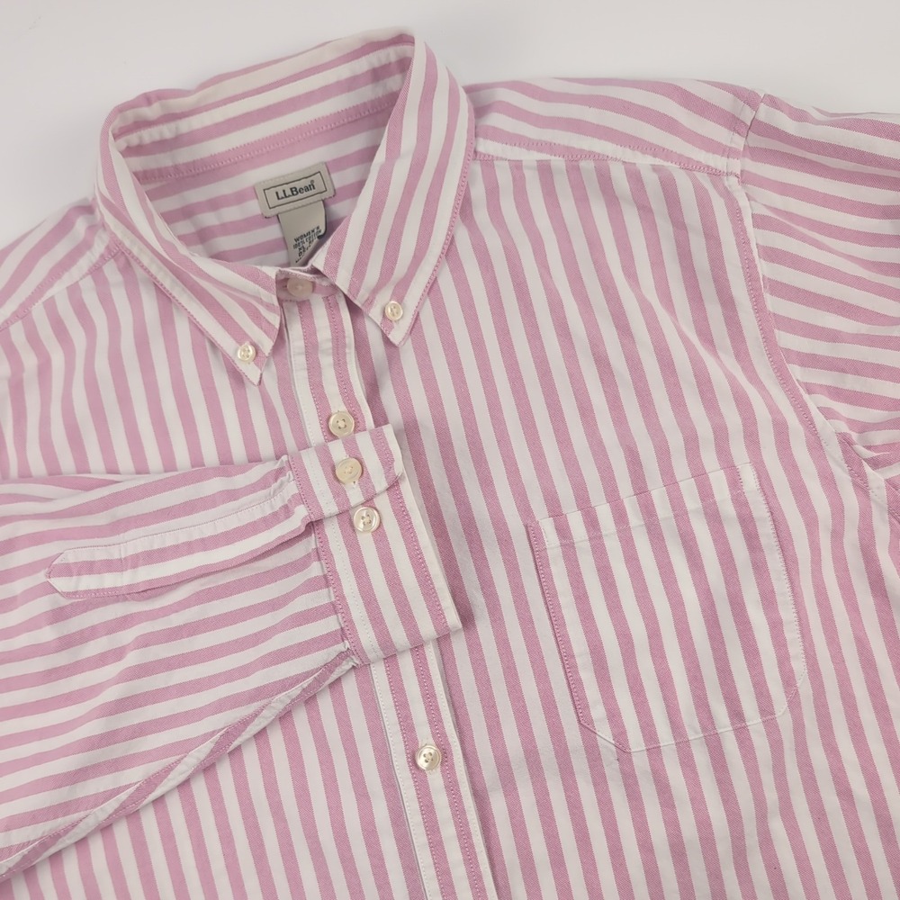 L.L. Bean Women XL Poplin Shirt Pink White Stripe Button Up Long Sleeve Relaxed